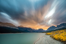 Many Glacier Side Of Glacier National Park, Montana. There Was A Wildfire Still Burning In The Park, Clouds And Smoke Mixed Together To Give This Apocalyptic Sky At Sunset