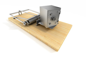 Wall Mural - mousetrap and safe on white background. Isolated 3D image
