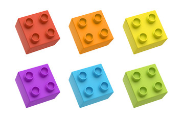 Fototapete - 3d rendering of six multicolored toy blocks shown from top side view on white background.