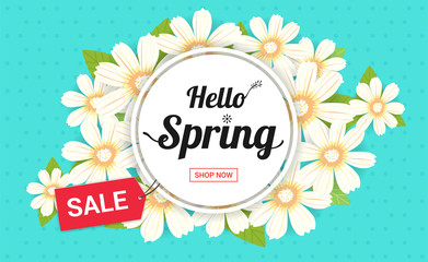 Hello spring season time, sales season banner or poster with colorful blossom flower