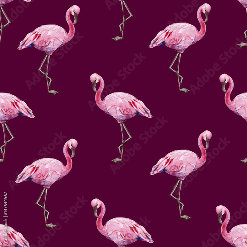 Seamless watercolor illustration of tropical pink flamingo birds. Trendy patt...