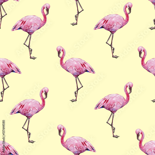 Seamless watercolor illustration of tropical pink flamingo birds. Trendy patt...