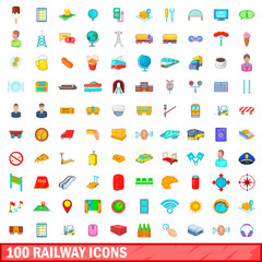 Poster - 100 railway icons set, cartoon style