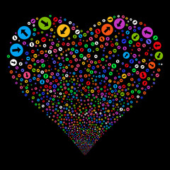 Wall Mural - Rounded Arrow fireworks with heart shape. Vector illustration style is flat bright multicolored iconic symbols on a black background. Object love heart organized from random pictographs.