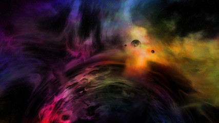 Wall Mural - black hole with gravitational lens effects colorful nearby nebula, planet and moons (3d illustration