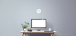 canvas print picture - Computer display and office tools on desk. Desktop computer screen isolated. Modern creative workspace background. Front view