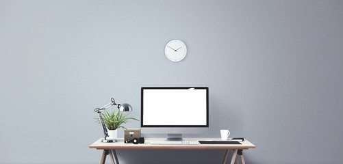 computer display and office tools on desk. desktop computer screen isolated. modern creative workspa