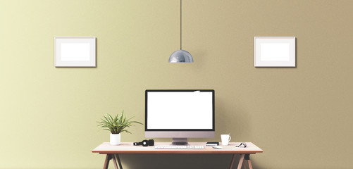 Wall Mural - computer display and office tools on desk. desktop computer screen isolated. modern creative workspa