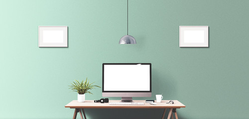 Wall Mural - computer display and office tools on desk. desktop computer screen isolated. modern creative workspa