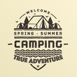 Summer camping emblem in vintage style. Vector illustration.