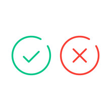 Thin Line Check Mark Icons. Green Tick And Red Cross Checkmarks Flat Line Icons Set. Vector Illustration