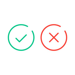 Poster - Thin line check mark icons. Green tick and red cross checkmarks flat line icons set. Vector illustration