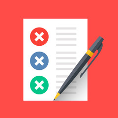 Poster - document with crosses check marks and pen. unfinished tasks, survey, to-do list concepts. modern fla