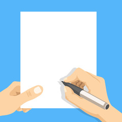 Wall Mural - Hand holding blank sheet of paper and hand with pen. Modern flat design vector illustration