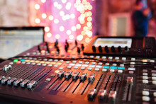 Od Adjusters And Red Buttons Of A Mixing Console. It Is Used For Audio Signals Modifications To Achieve The Desired Output. Applied In Recording Studios, Broadcasting, Television.