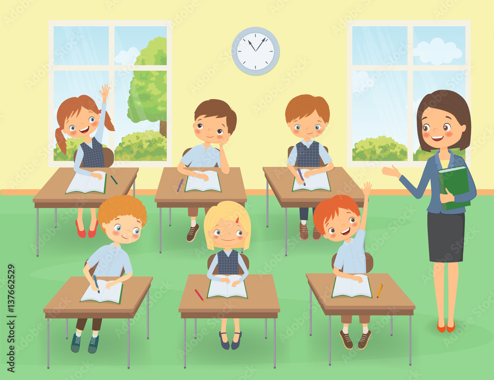 Teacher with pupils at a lesson Stock Vector | Adobe Stock