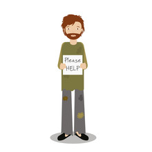 Homeless Man Begging For Help. Vector Illustration