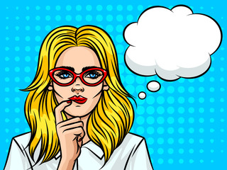 Young beautiful business woman  with speech bubble thinking about something. Girl with glasses the European type on background of pop art style