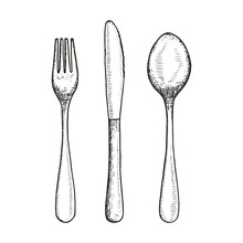 Cutlery Set Sketch. Spoon Fork And Knife Vector Illustration Isolated