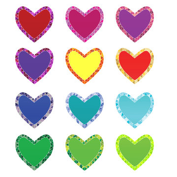 colorful isolated decorative hearts with mosaic outline on white background. vector illustration.