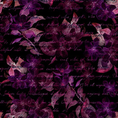 Wall Mural - night mysterious flowers, hand written letter text. black background. seamless pattern