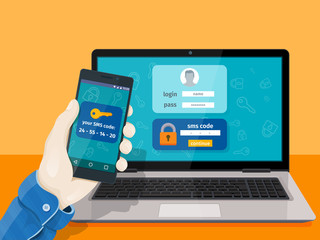 Fototapete - flat man sitting at desktop and getting access to the website. 2-step authentication sms code passwo