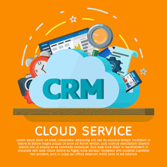 Fototapete - Cloud computing services banner in flat style. Networking communication and data icons. Data provision and cloud computing services. Online CRM Software. Data protection, security, privacy.