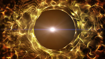 dark gold yellow and glow particle circle abstract background with light ray effect.