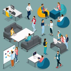 Poster - trendy isometric young creative people, set 4 in stylish clothes with modern hairstyles. freelancers