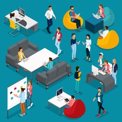 Poster - trendy isometric young creative people, set 4 in stylish clothes with modern hairstyles. freelancers