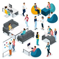 Poster - trendy isometric young creative people, set 4 in stylish clothes with modern hairstyles. freelancers