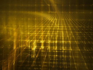 Poster - Abstract background element. Three-dimensional composition of glowing grids and wave shapes. Science and technology concept. Golden yellow and black colors.