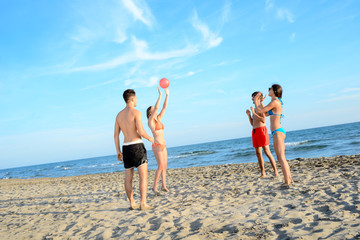 Wall Mural - four young people man and woman playing beach volley together by the sea in sunny summer vacation day