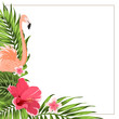 Tropical exotic greenery corner border frame template. Flamingo bird, hibiscus and plumeria flowers, jungle palm tree rain forest composition. Vector design illustration.