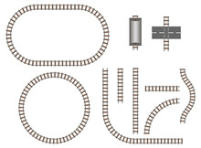 Vector Railroad And Railway Tracks Construction Elements. Wavy Trackway Structure For Traffic Train Illustration