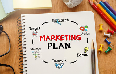 Poster - notebook with toolls and notes about marketing plan