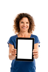 Wall Mural - Happy woman holding tablet