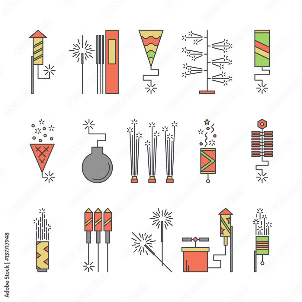 Colorful vector pyrotechnic icons. Firework explosion elements. Line ...