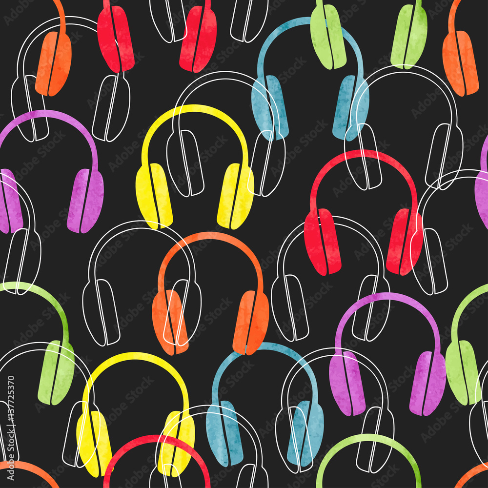 Colorful headphones on black, seamless pattern. Vector music background with earphones. - obrazy, fototapety, plakaty 