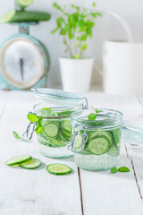 Wall Mural - Refreshing water in jar with mint and fresh cucumber