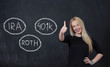 © Myvisuals - Savings concept. Portrait of woman on chalkboard with different  saving plans