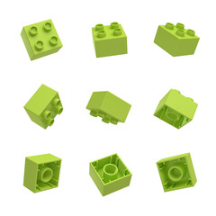 Fototapete - 3d rendering of many green toy blocks hanging in the air and shown from all sides.