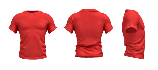 Wall Mural - 3d rendering of a red T-shirt shaped as a realistic male torso in front, side and back view.