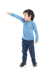 Asian child pointing on white background isolated