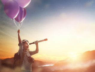 Wall Mural - Child flying on balloons