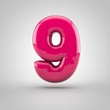 Glossy pink paint number 9. 3D render of bubble font with glint isolated on white background.