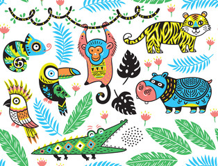 Wall Mural - Seamless pattern with tropical animals