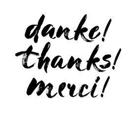 Wall Mural - Thank you lettering in english, french, german Thanks, Merci, Danke Hand drawn vector phrase. Handwritten modern brush calligraphy for invitation and greeting card