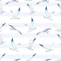 Watercolor seagull vector pattern