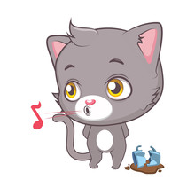 Cute Gray Cat Character Pretending Not To See The Broken Mug ( Use For Stickers, Fun Scenes, Decoration Etc. )